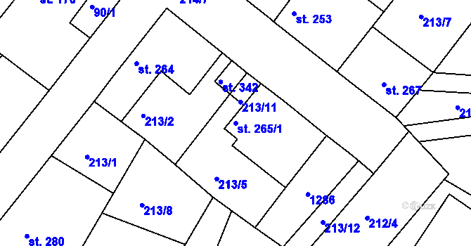 Parcela st. 265/1 v KÚ Jestřabí Lhota, Katastrální mapa