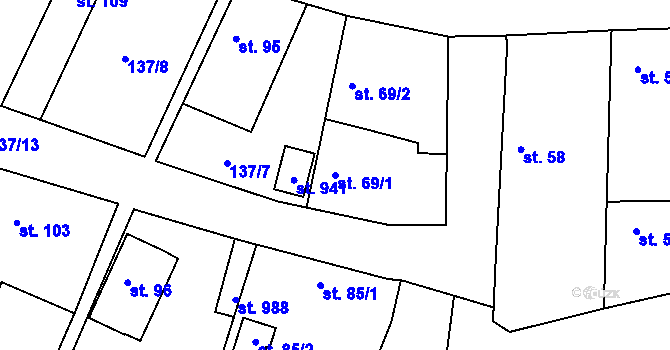 Parcela st. 69/1 v KÚ Jevany, Katastrální mapa
