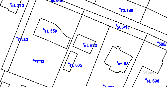 Parcela st. 533 v KÚ Jevany, Katastrální mapa