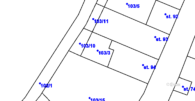 Parcela st. 103/3 v KÚ Jevany, Katastrální mapa