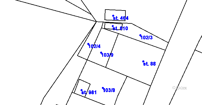 Parcela st. 103/9 v KÚ Jevany, Katastrální mapa