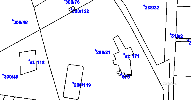 Parcela st. 288/21 v KÚ Jevany, Katastrální mapa