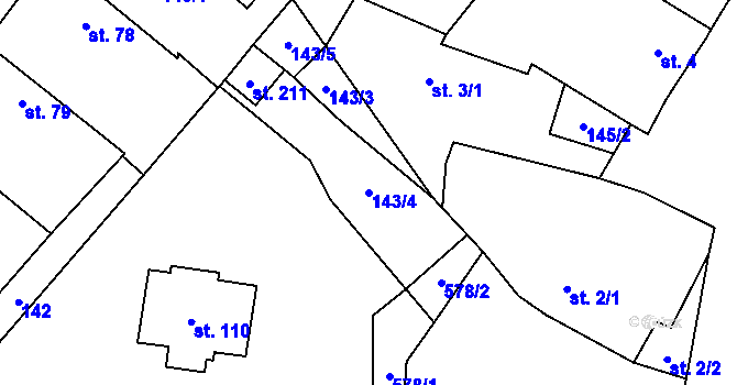 Parcela st. 143/4 v KÚ Jevany, Katastrální mapa