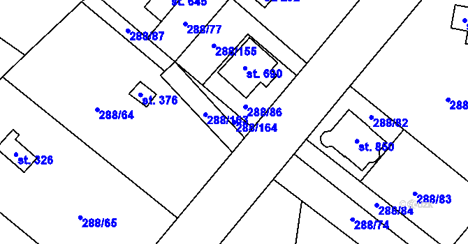 Parcela st. 288/164 v KÚ Jevany, Katastrální mapa