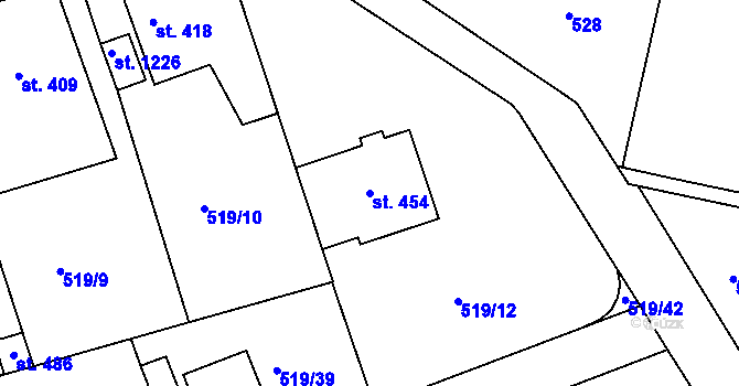 Parcela st. 454 v KÚ Jevíčko-předměstí, Katastrální mapa