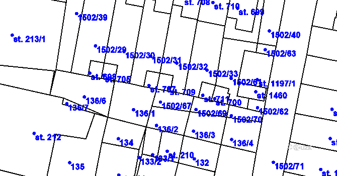Parcela st. 709 v KÚ Jevíčko-předměstí, Katastrální mapa