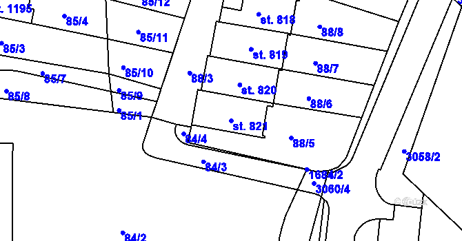 Parcela st. 821 v KÚ Jevíčko-předměstí, Katastrální mapa