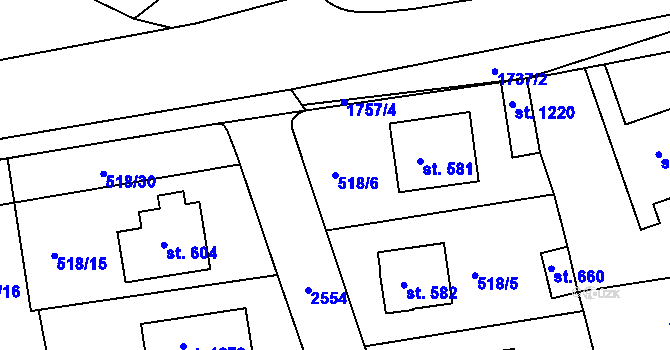 Parcela st. 518/6 v KÚ Jevíčko-předměstí, Katastrální mapa