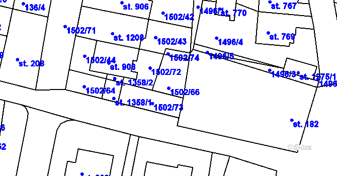 Parcela st. 1502/66 v KÚ Jevíčko-předměstí, Katastrální mapa