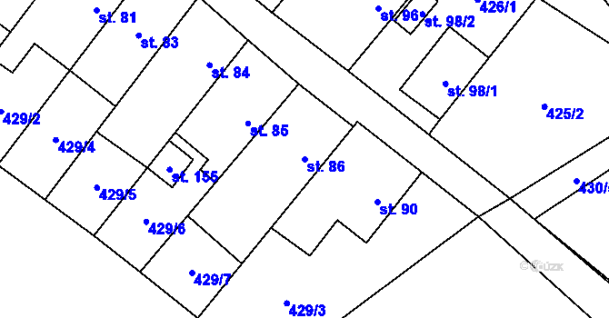 Parcela st. 86 v KÚ Jeviněves, Katastrální mapa