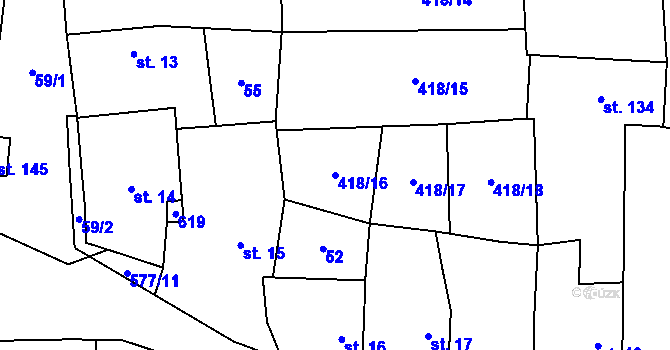 Parcela st. 418/16 v KÚ Jeviněves, Katastrální mapa