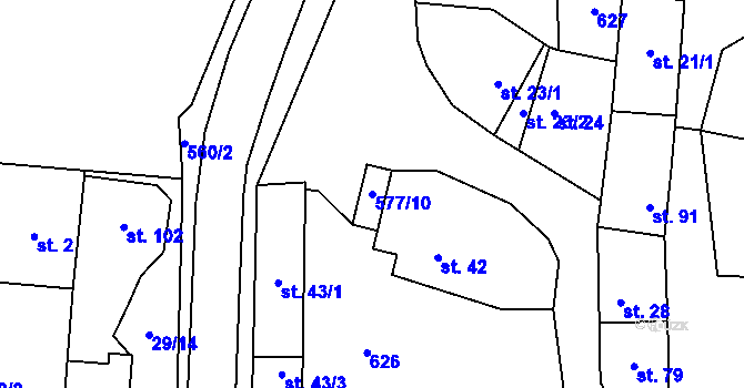 Parcela st. 577/10 v KÚ Jeviněves, Katastrální mapa