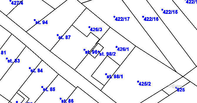 Parcela st. 98/2 v KÚ Jeviněves, Katastrální mapa