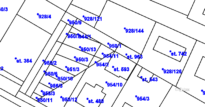 Parcela st. 954/11 v KÚ Jevišovice, Katastrální mapa