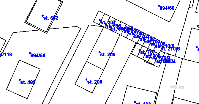 Parcela st. 206 v KÚ Jevišovice, Katastrální mapa