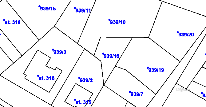 Parcela st. 939/16 v KÚ Jevišovice, Katastrální mapa