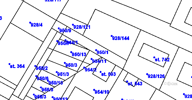 Parcela st. 950/1 v KÚ Jevišovice, Katastrální mapa