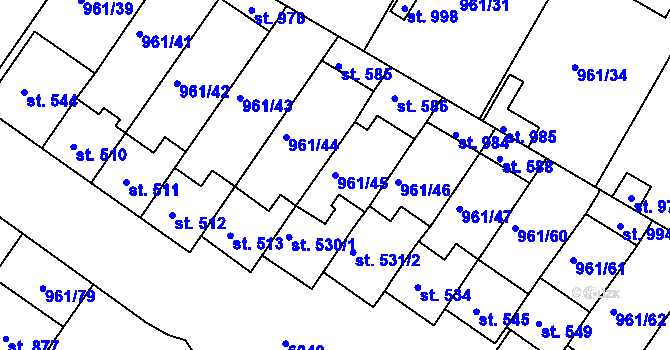 Parcela st. 961/45 v KÚ Jevišovice, Katastrální mapa