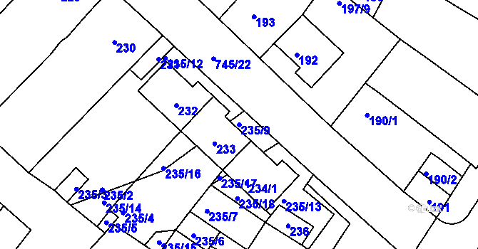Parcela st. 235/9 v KÚ Jevišovka, Katastrální mapa