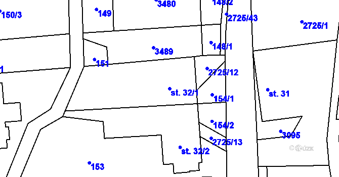 Parcela st. 32/1 v KÚ Jezernice, Katastrální mapa