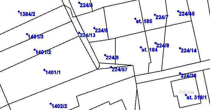 Parcela st. 224/9 v KÚ Jezernice, Katastrální mapa