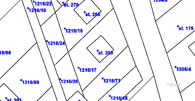 Parcela st. 259 v KÚ Jezeřany, Katastrální mapa