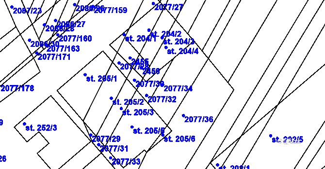 Parcela st. 2077/34 v KÚ Jezeřany, Katastrální mapa