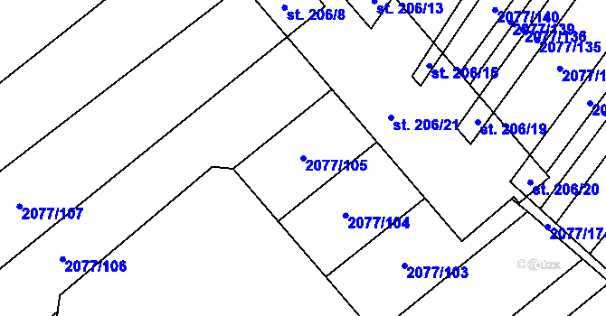 Parcela st. 2077/105 v KÚ Jezeřany, Katastrální mapa