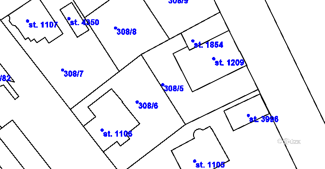 Parcela st. 308/5 v KÚ Jičín, Katastrální mapa
