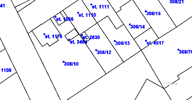 Parcela st. 308/12 v KÚ Jičín, Katastrální mapa