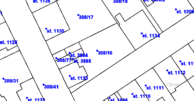 Parcela st. 308/16 v KÚ Jičín, Katastrální mapa