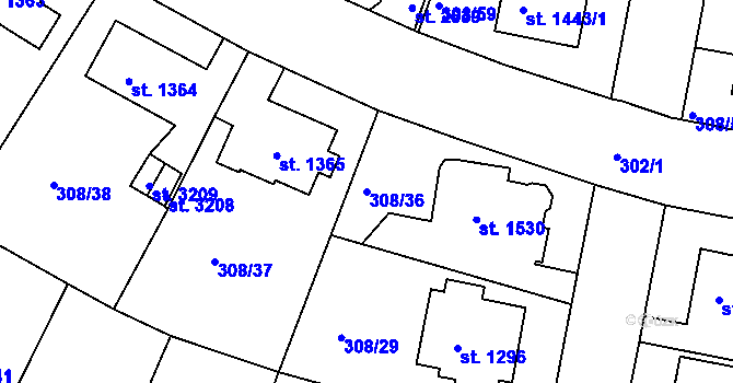 Parcela st. 308/36 v KÚ Jičín, Katastrální mapa