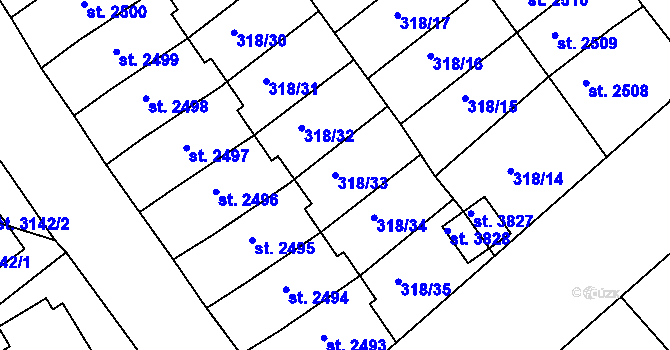 Parcela st. 318/33 v KÚ Jičín, Katastrální mapa