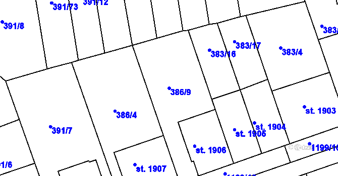 Parcela st. 386/9 v KÚ Jičín, Katastrální mapa