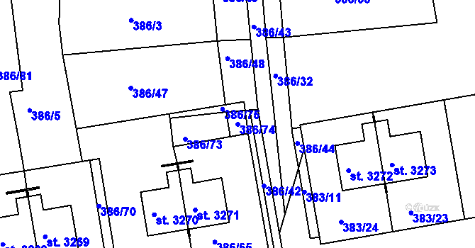 Parcela st. 386/74 v KÚ Jičín, Katastrální mapa