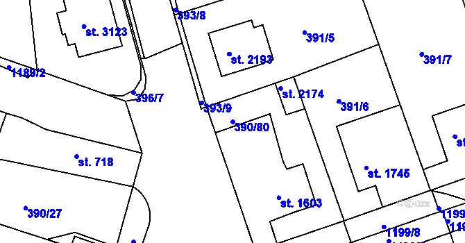 Parcela st. 390/80 v KÚ Jičín, Katastrální mapa