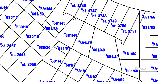 Parcela st. 681/47 v KÚ Jičín, Katastrální mapa
