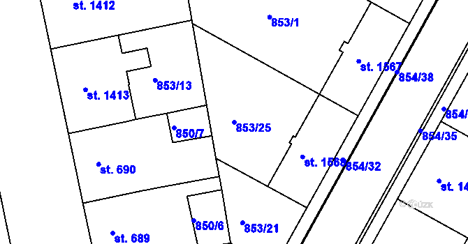 Parcela st. 853/25 v KÚ Jičín, Katastrální mapa