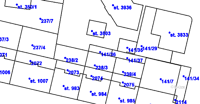 Parcela st. 141/36 v KÚ Jičín, Katastrální mapa