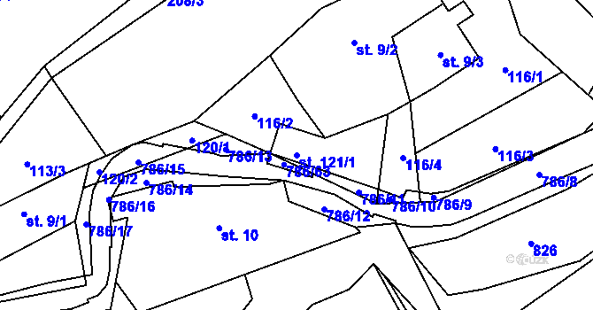 Parcela st. 121/1 v KÚ Jičina, Katastrální mapa