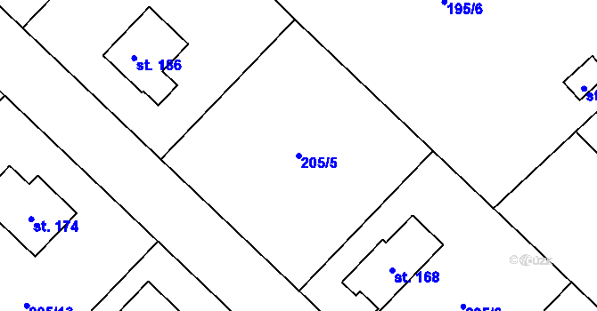 Parcela st. 205/5 v KÚ Jičíněves, Katastrální mapa
