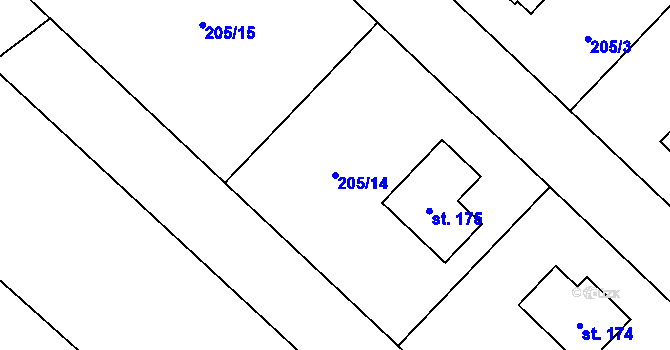 Parcela st. 205/14 v KÚ Jičíněves, Katastrální mapa