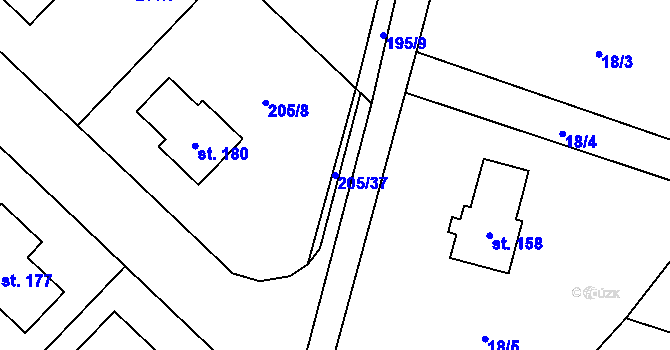 Parcela st. 205/37 v KÚ Jičíněves, Katastrální mapa