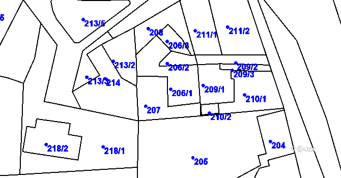 Parcela st. 206/1 v KÚ Pávov, Katastrální mapa