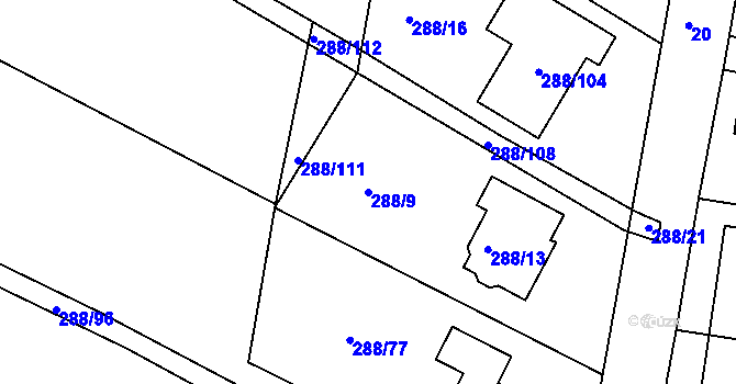 Parcela st. 288/9 v KÚ Pávov, Katastrální mapa