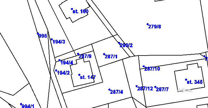 Parcela st. 287/1 v KÚ Hrabačov, Katastrální mapa