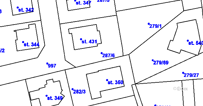 Parcela st. 287/6 v KÚ Hrabačov, Katastrální mapa