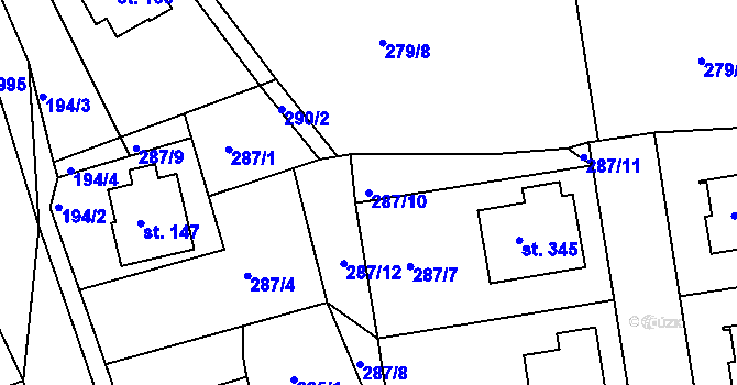 Parcela st. 287/10 v KÚ Hrabačov, Katastrální mapa