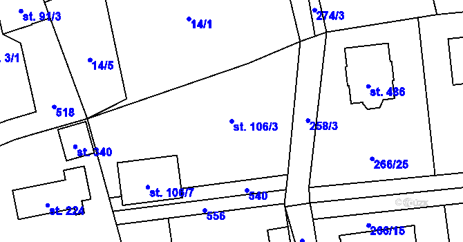 Parcela st. 106/3 v KÚ Jíloviště, Katastrální mapa