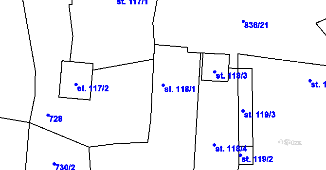 Parcela st. 118/1 v KÚ Opočno u Loun, Katastrální mapa